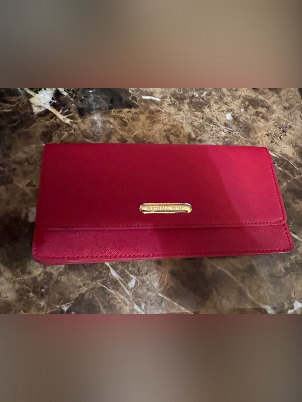 Michael Kors Red Saffiano Continental Wallet with Gold Plaque